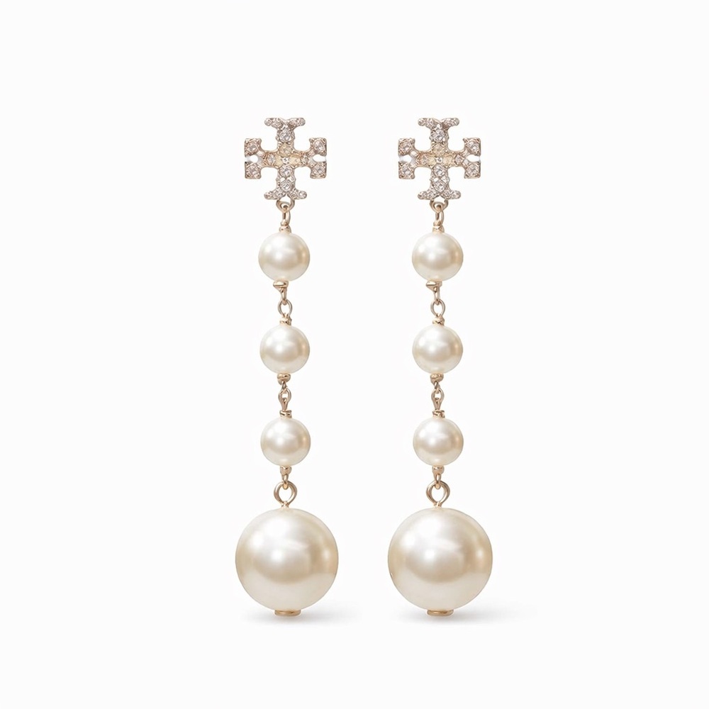 Tory Burch Crystal Double-T Logo Pearl Drop Earrings Gold Tone
